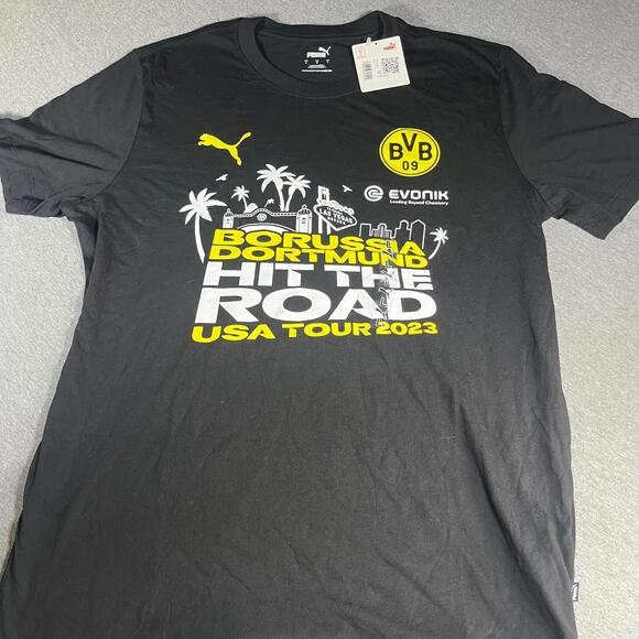 NWT Puma Borussia Dortmund Hit The Road USA Tour 2023 Men’s Large Black T-Shirt - Picture 1 of 5